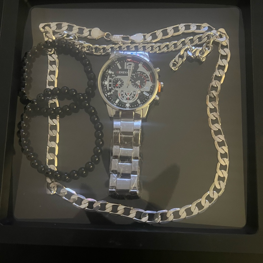 Geneva Silver Watch with Black Accessories